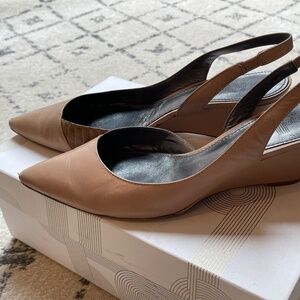 Belle beige and tan leather slingback wedges with contrast snake trim